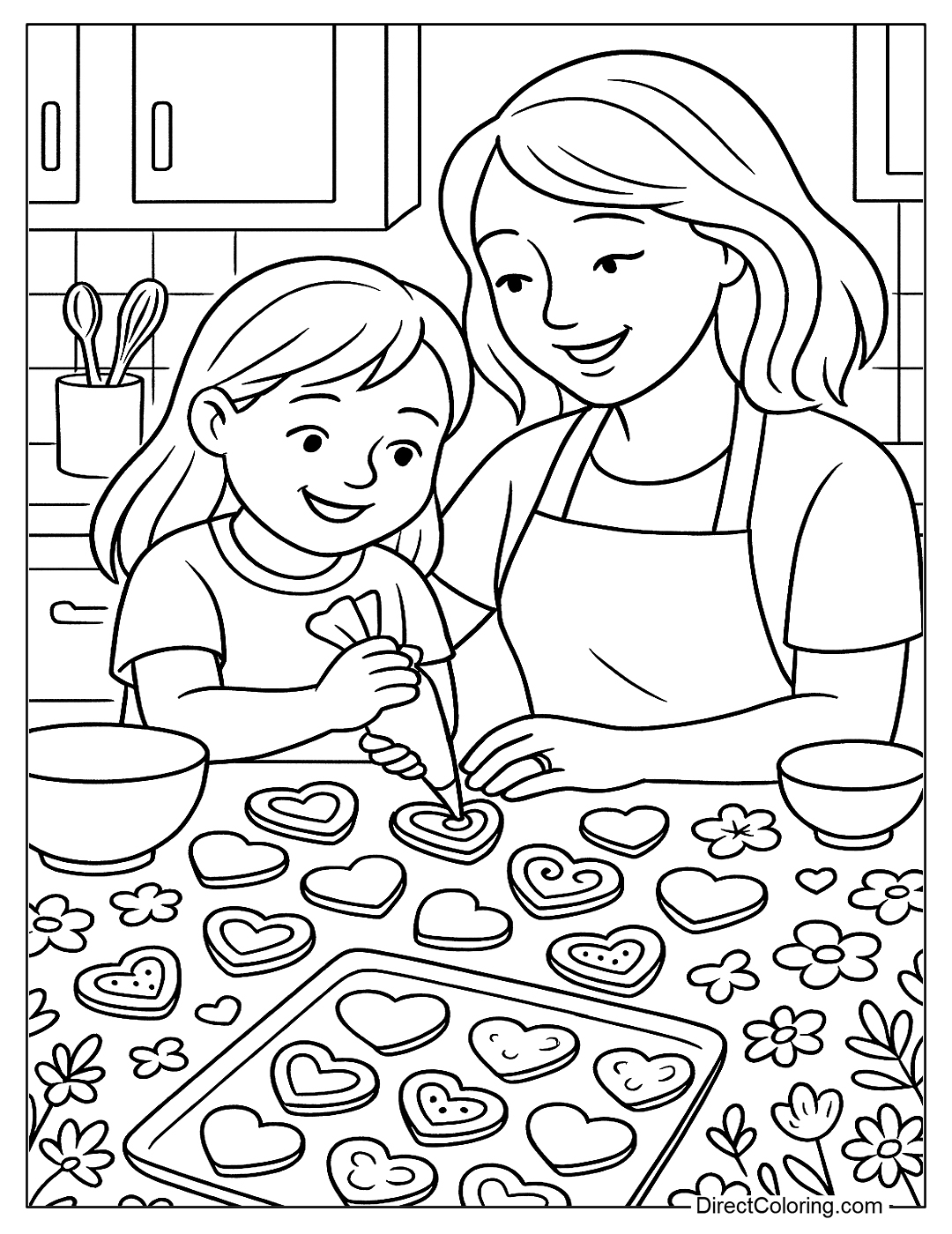 The kitchen table is filled with heart-shaped cookies and a little girl is decorating them with her mom